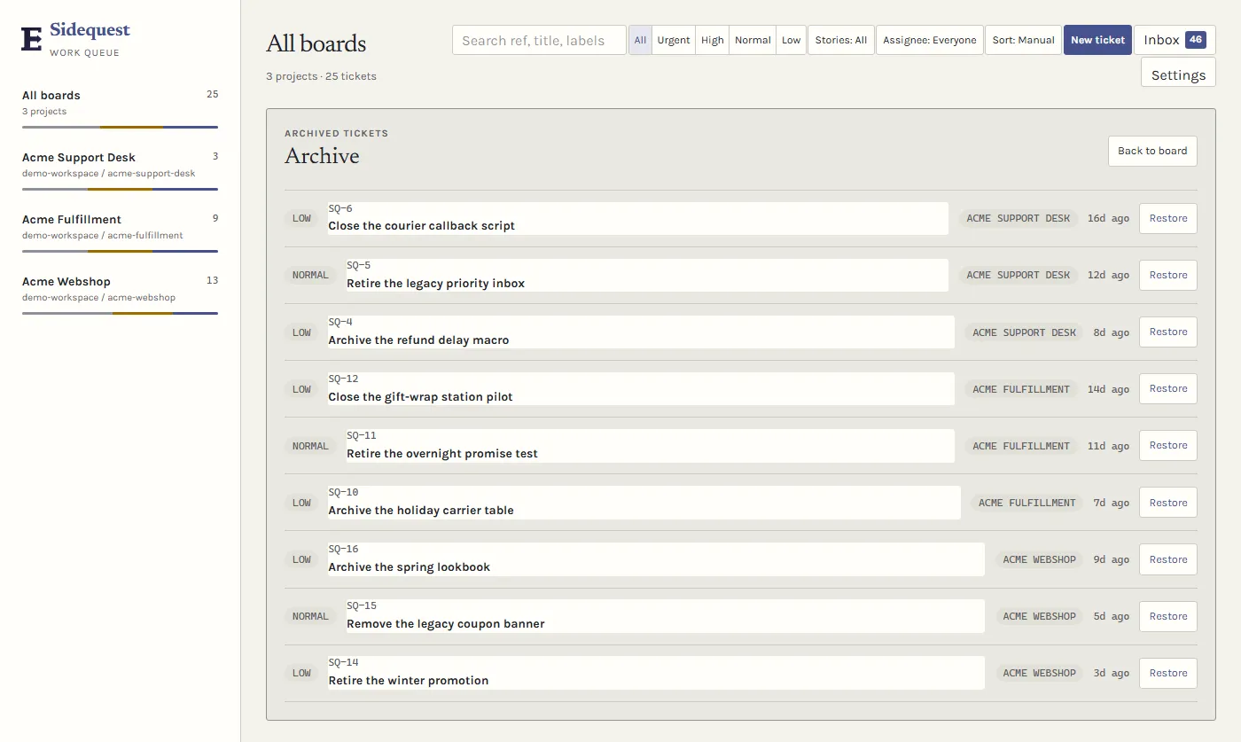 Sidequest archive containing nine synthetic tickets from three projects