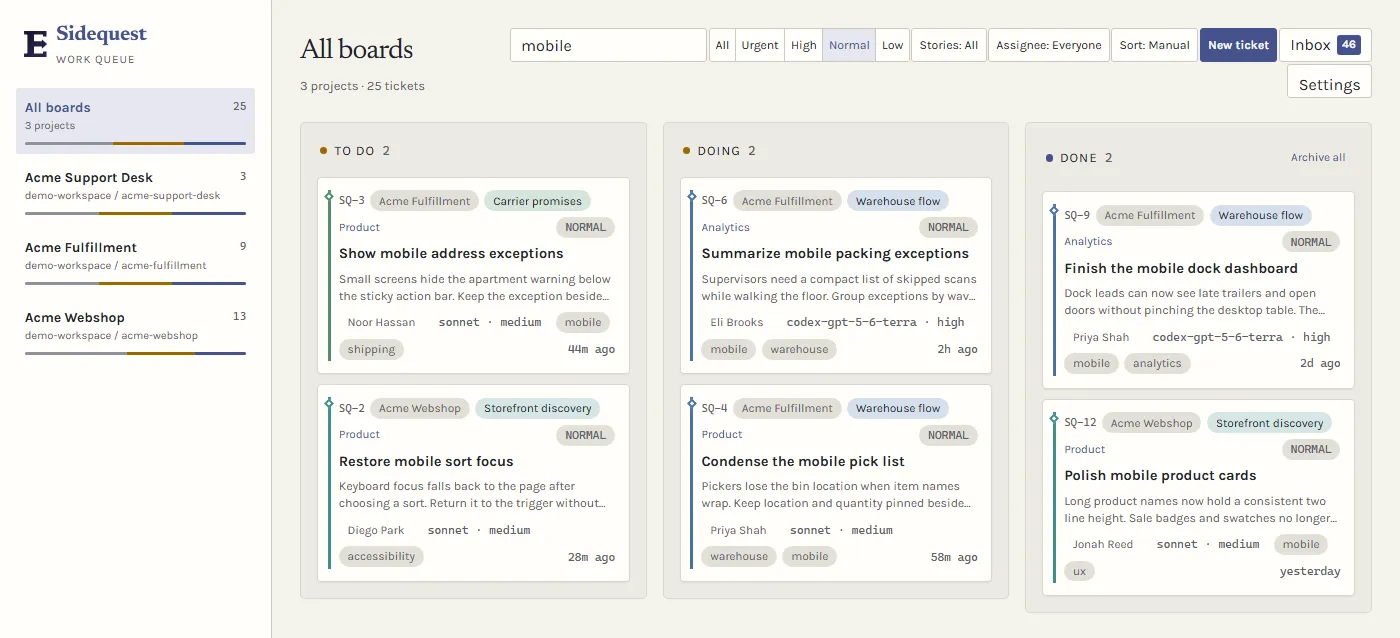 Sidequest board with mobile typed into search and the normal priority filter active