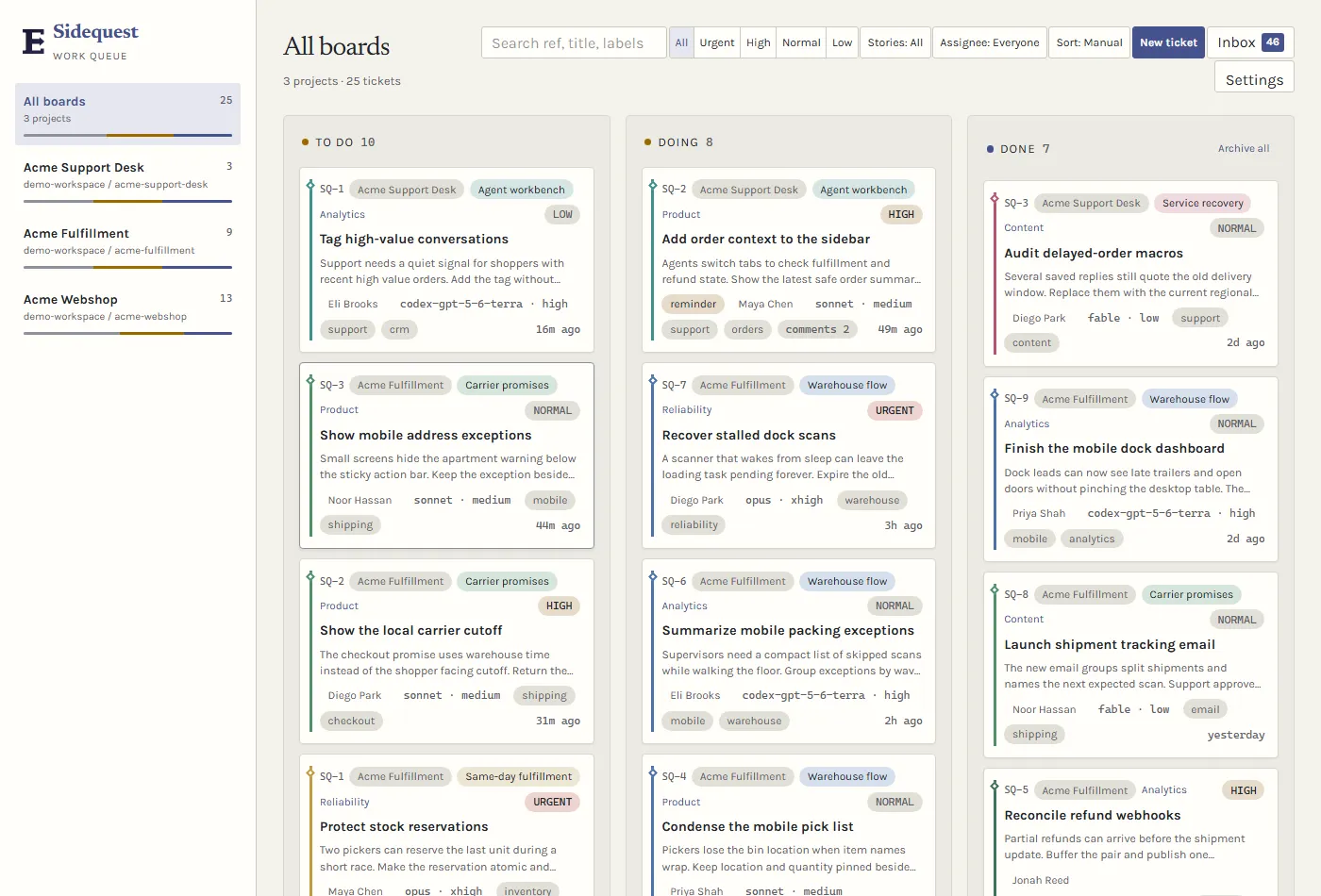 Sidequest dashboard with three synthetic projects and populated todo, doing, and done columns