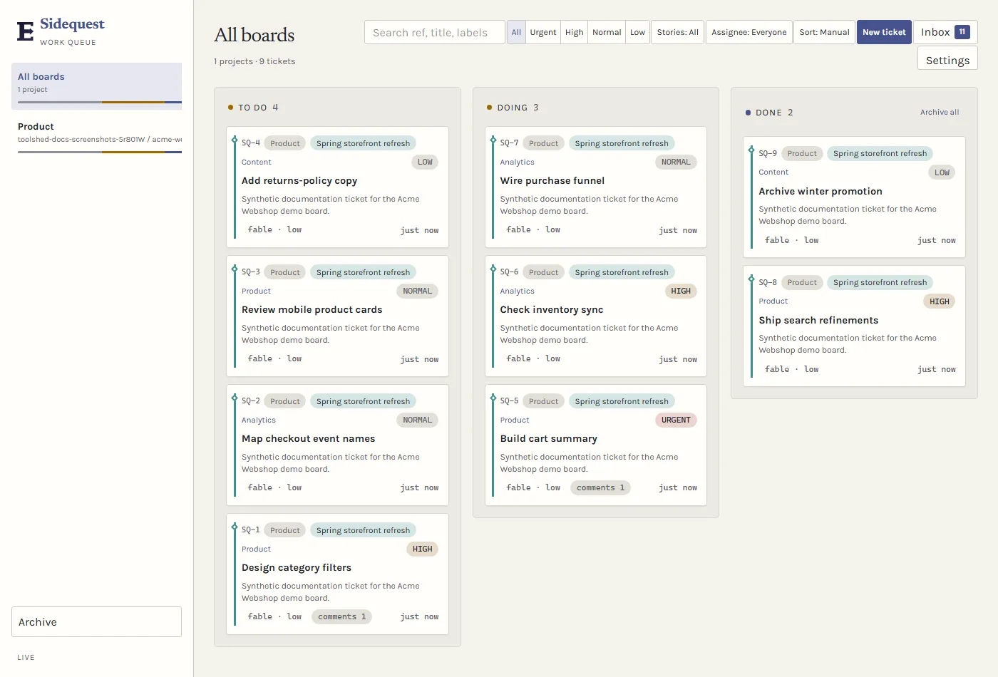 Sidequest kanban board