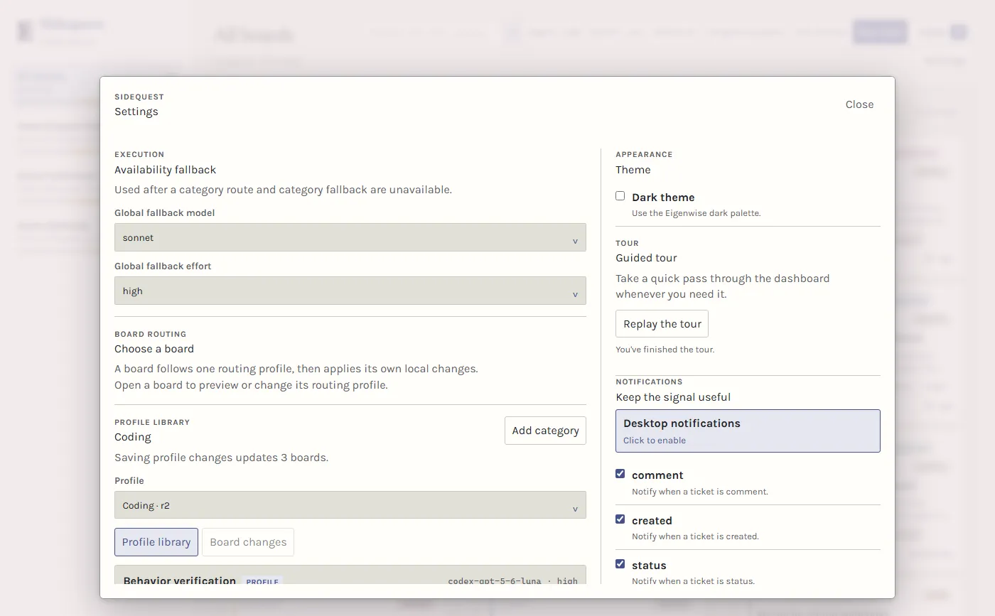 Sidequest settings dialog showing routing, appearance, tour, and notification controls