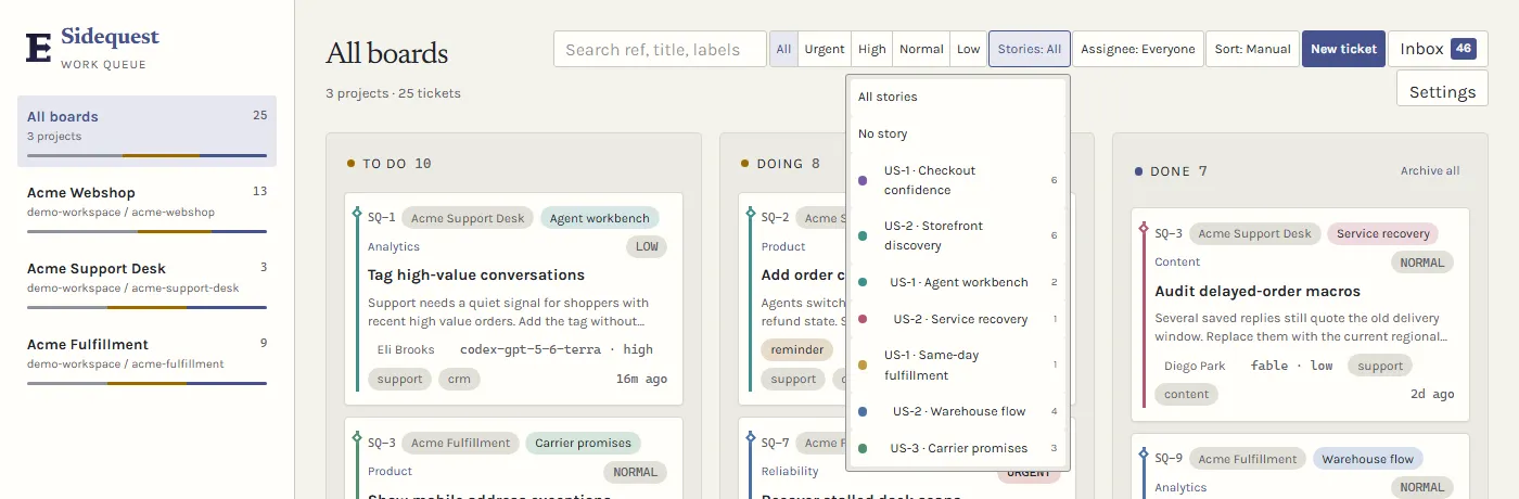 Sidequest story filter showing synthetic stories across the combined board