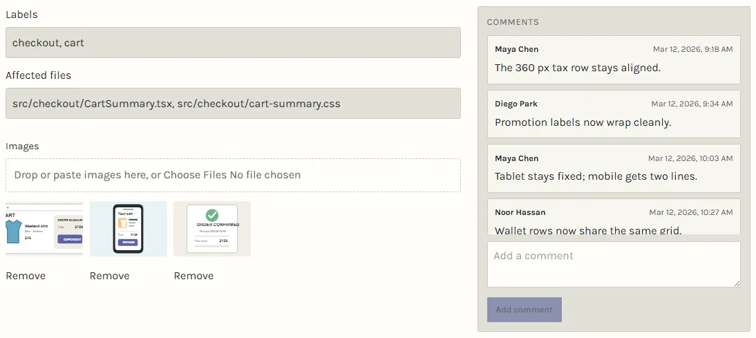 Sidequest ticket context showing affected files, three checkout attachment previews, and four complete comments