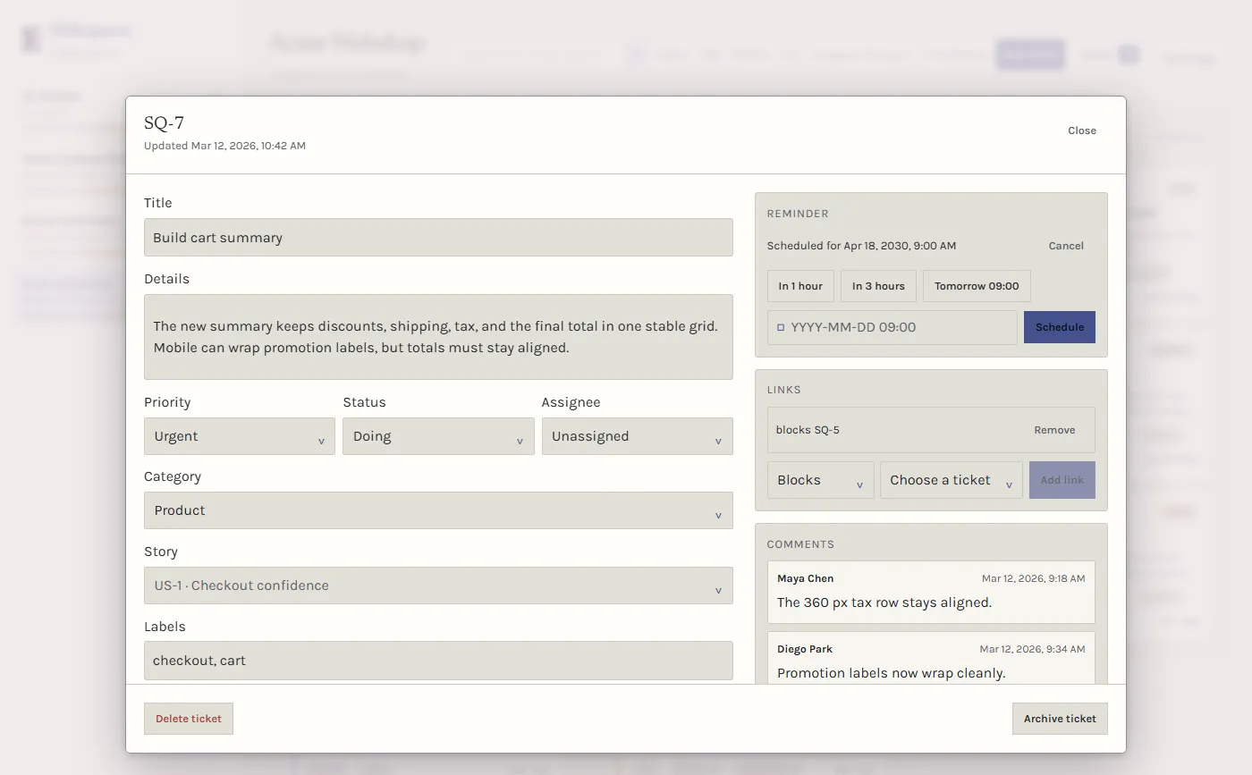 Sidequest ticket detail with a populated reminder, dependency link, story, and comment thread